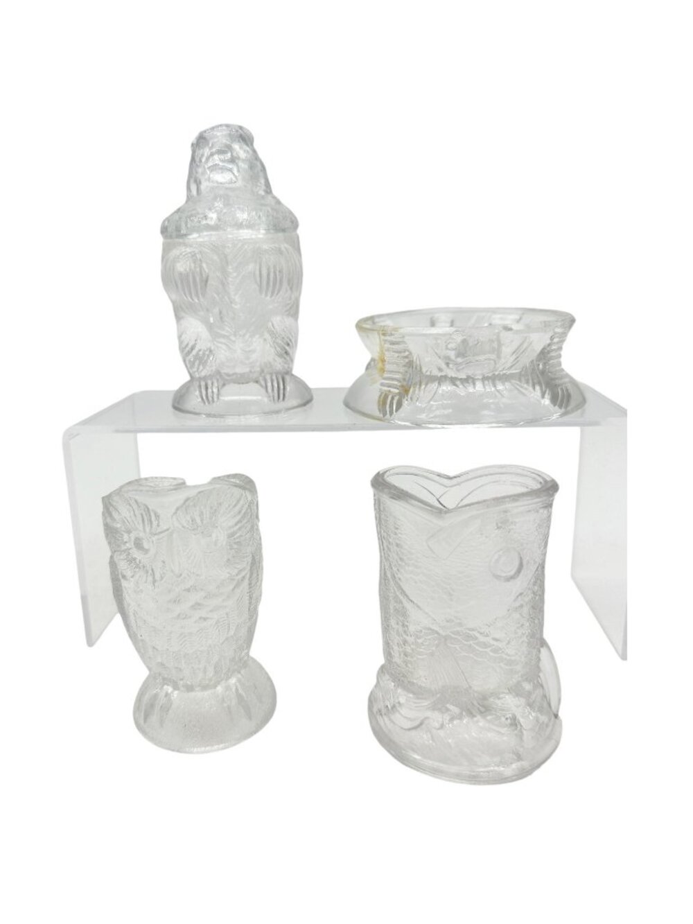 Bryce Higbee Co Menagerie Glass Childrens Table Set 1885 Owl Fish Turtle Bear